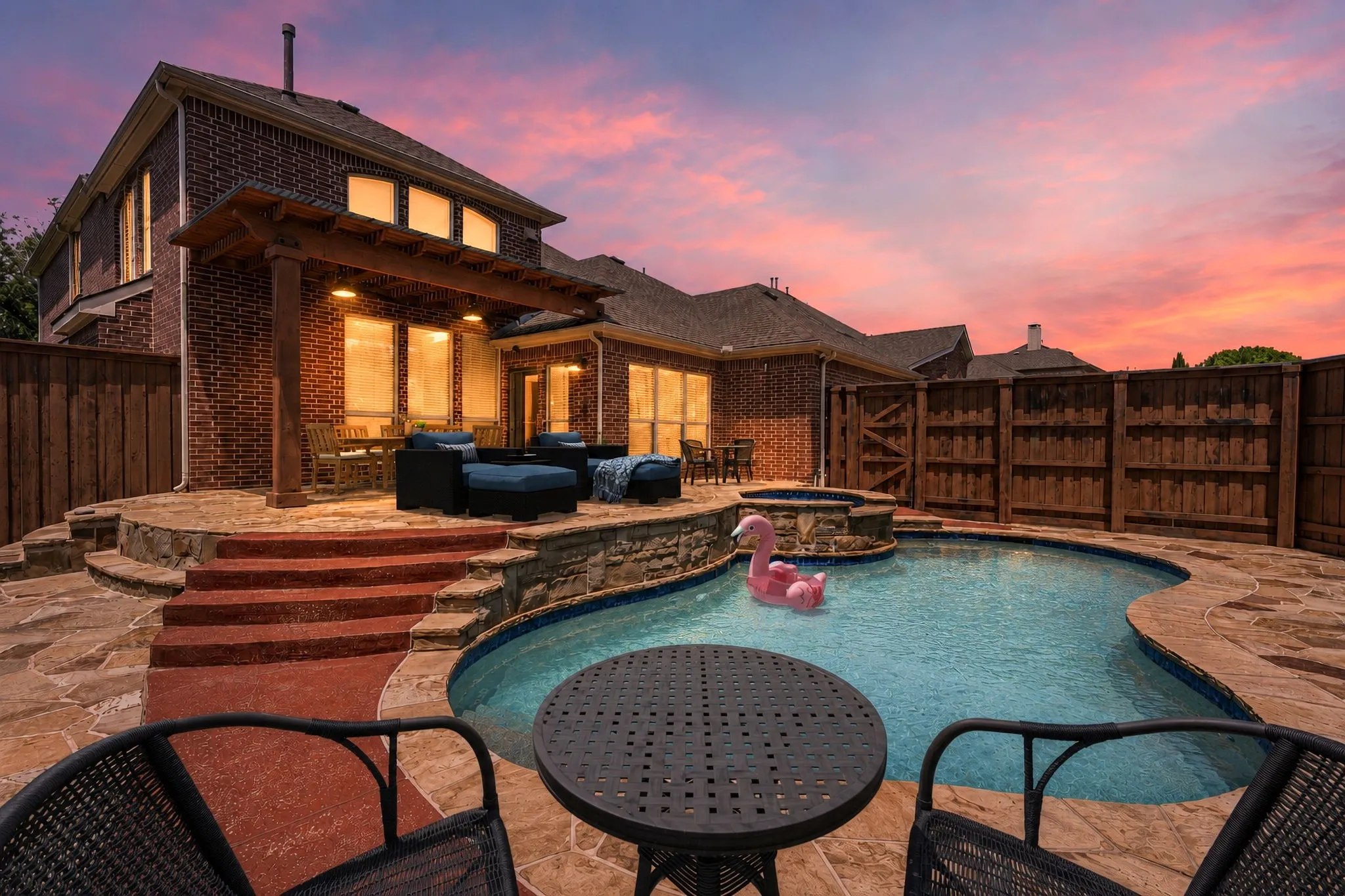 Back Yard Twilight Bliss. Furniture And Pool Toy Have Been Virtually Staged.
