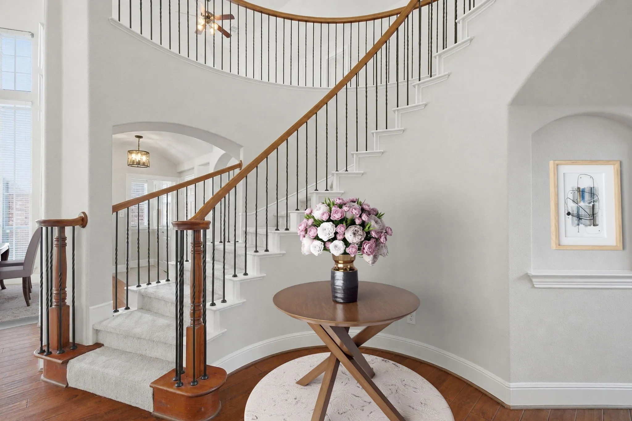 Curved Staircase Alcove Which Has Been Virtually Staged.