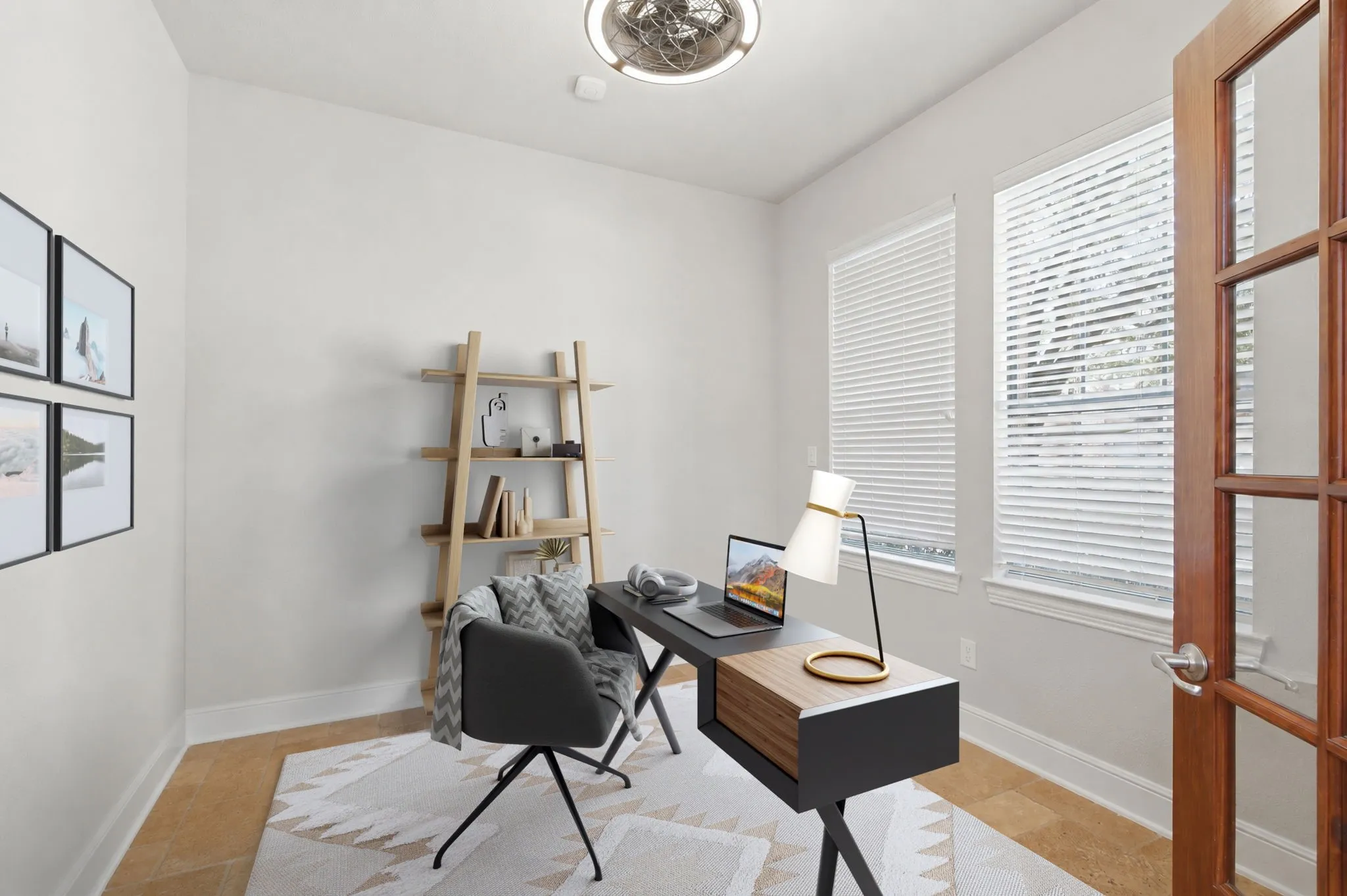 Office With French Doors Which Has Been Virtually Staged.