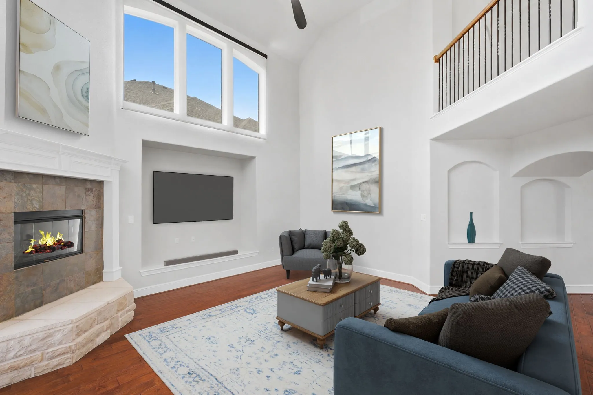 Corner Fireplace With Raised Hearth In Family Room Which Has Been Virtually Staged.