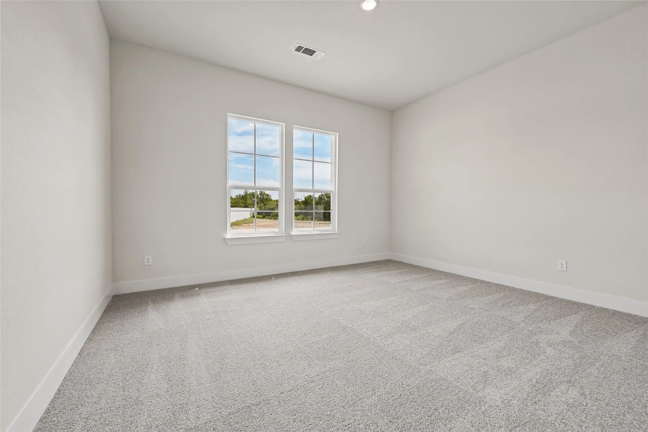 Two large windows, light gray carpeting, white walls, and white trim