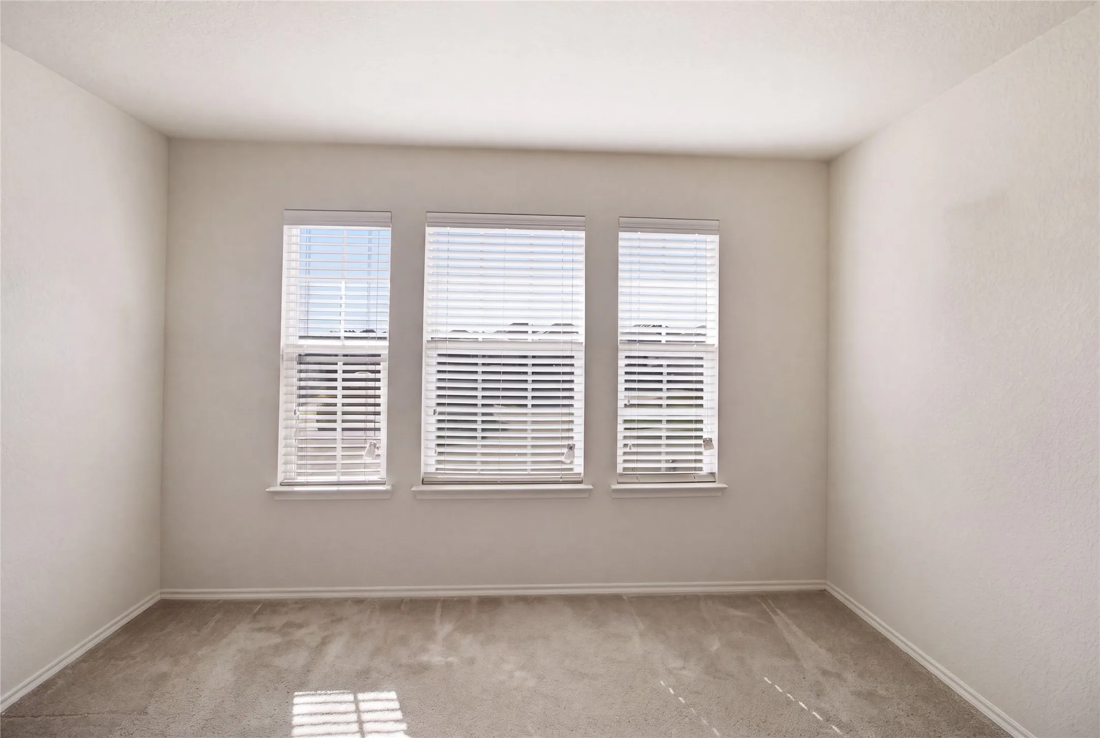 Room featuring three windows with horizontal blinds, light beige carpeting, and neutral-toned textured walls