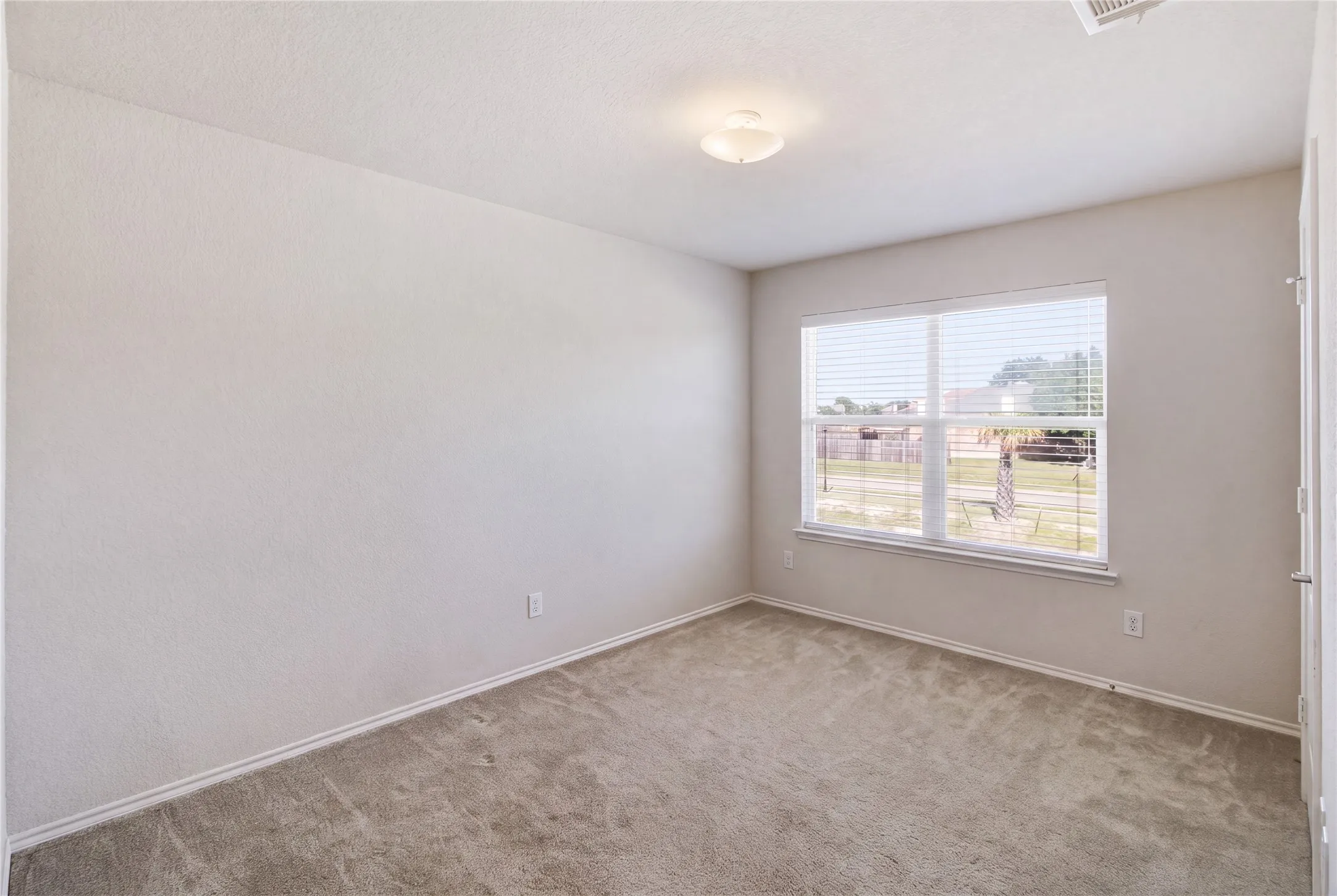 Neutral tone wall paint, textured carpeting, natural light from a large window, window blinds, and a flush mount ceiling light fixture