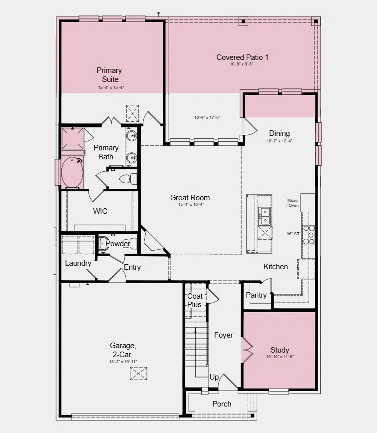 First Floor Plan - Additional Highlights Include: Upgraded front door, mini pendant lights, lifestyle space, slide-in tub at primary bath, double French doors at study, and whole house blinds