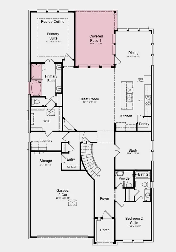 First Floor Plan - Additional Highlights Include: 12' pop-up ceiling at primary suite, slide-in tub at primary bath, tiled floor at primary shower, brick front porch, and whole house blinds