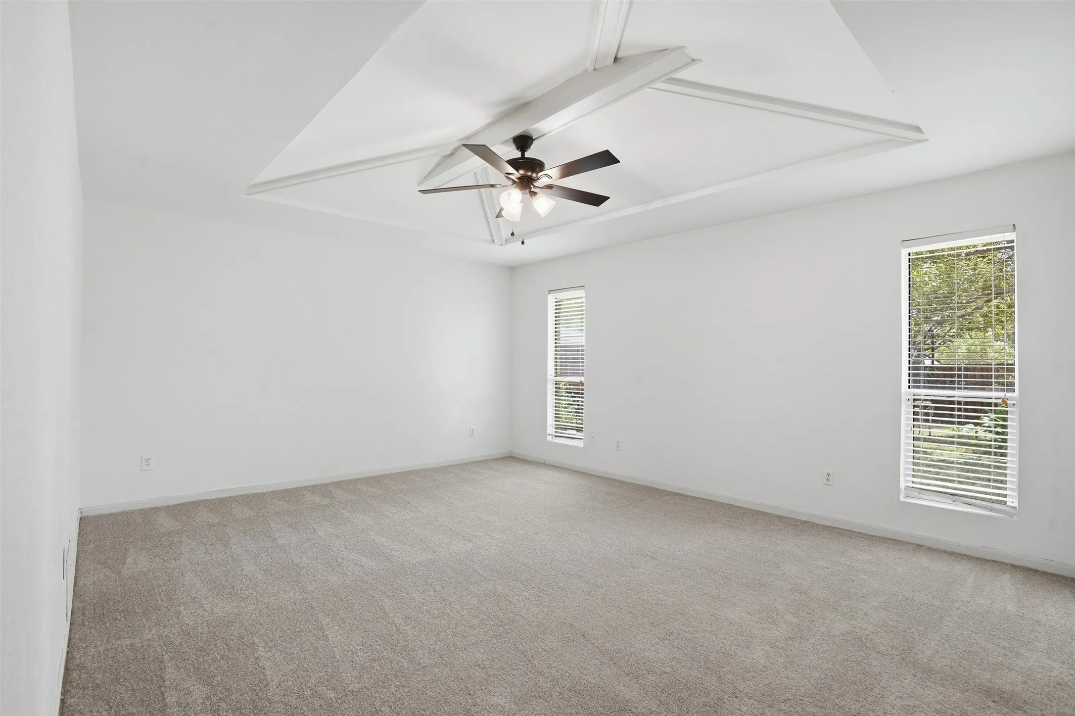 Spacious room featuring a tray ceiling with crown molding, a ceiling fan, plush carpet flooring, and two vertical windows with blinds