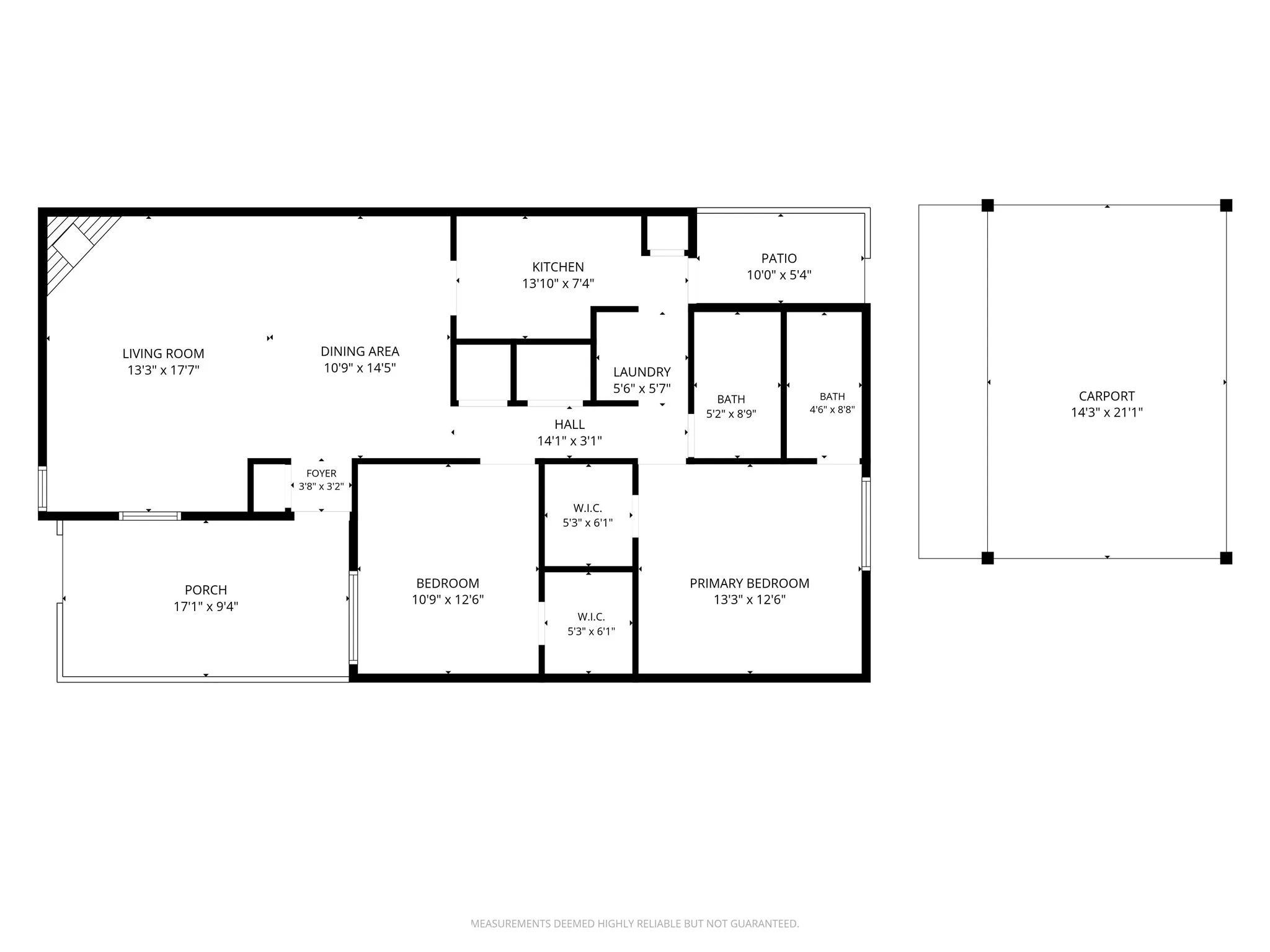 Floor plan showing the efficient single-story layout with two bedrooms, two baths, walk-in closets, and generous living space.