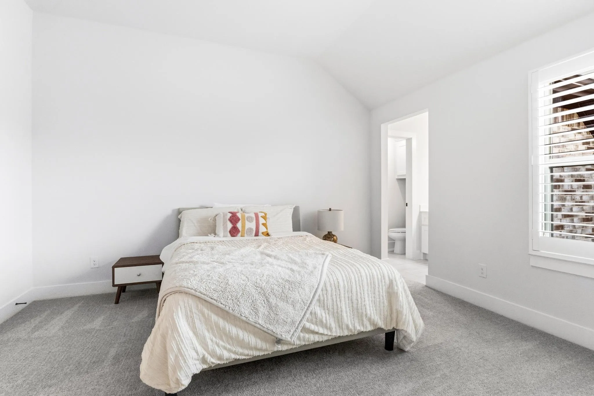 White painted walls and grey carpet flooring define this room
