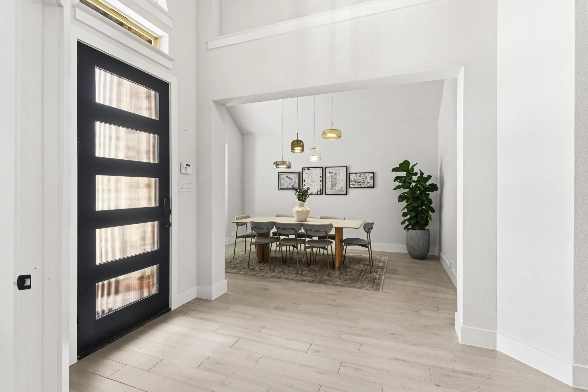 Entryway featuring a contemporary black door with frosted glass panels, transom window, and light wood-finish flooring