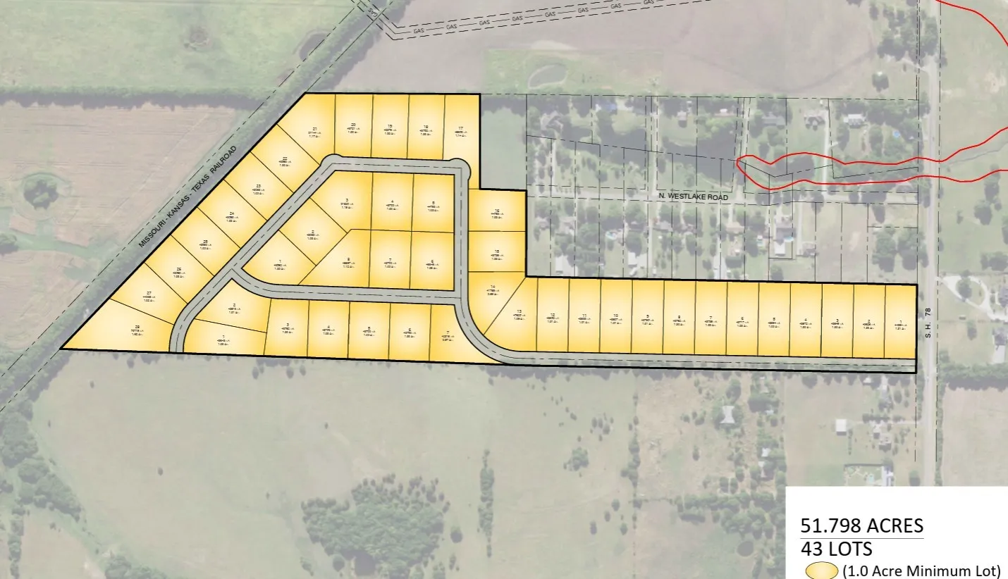 Lot Subdivision Plan. Illustrating the division of 51.798 acres into 43 individual lots, each with a 1.0 acre minimum
