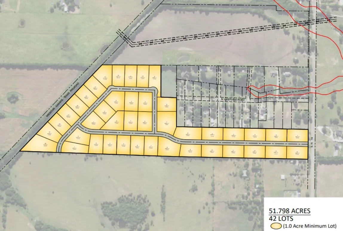 Proposed Subdivision Plan. Illustrating the division of a 51.798-acre parcel into 42 lots, each with a minimum size of 1.0 acre