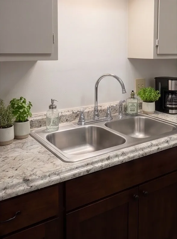 Stainless steel double basin sink with a chrome gooseneck faucet