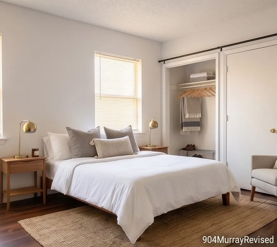 Wood-finish flooring, white walls, two windows with blinds, and built-in closet shelving