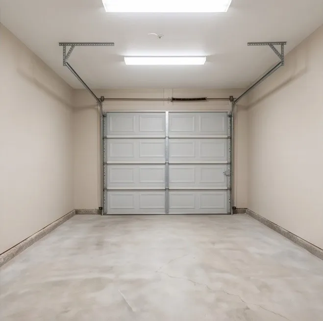 Attached garage with a panel-style door, concrete flooring, and ceiling-mounted lighting