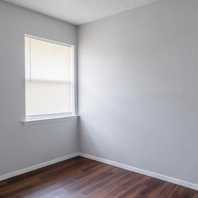 Light gray walls, wood-finish flooring, white window trim, and white window blinds
