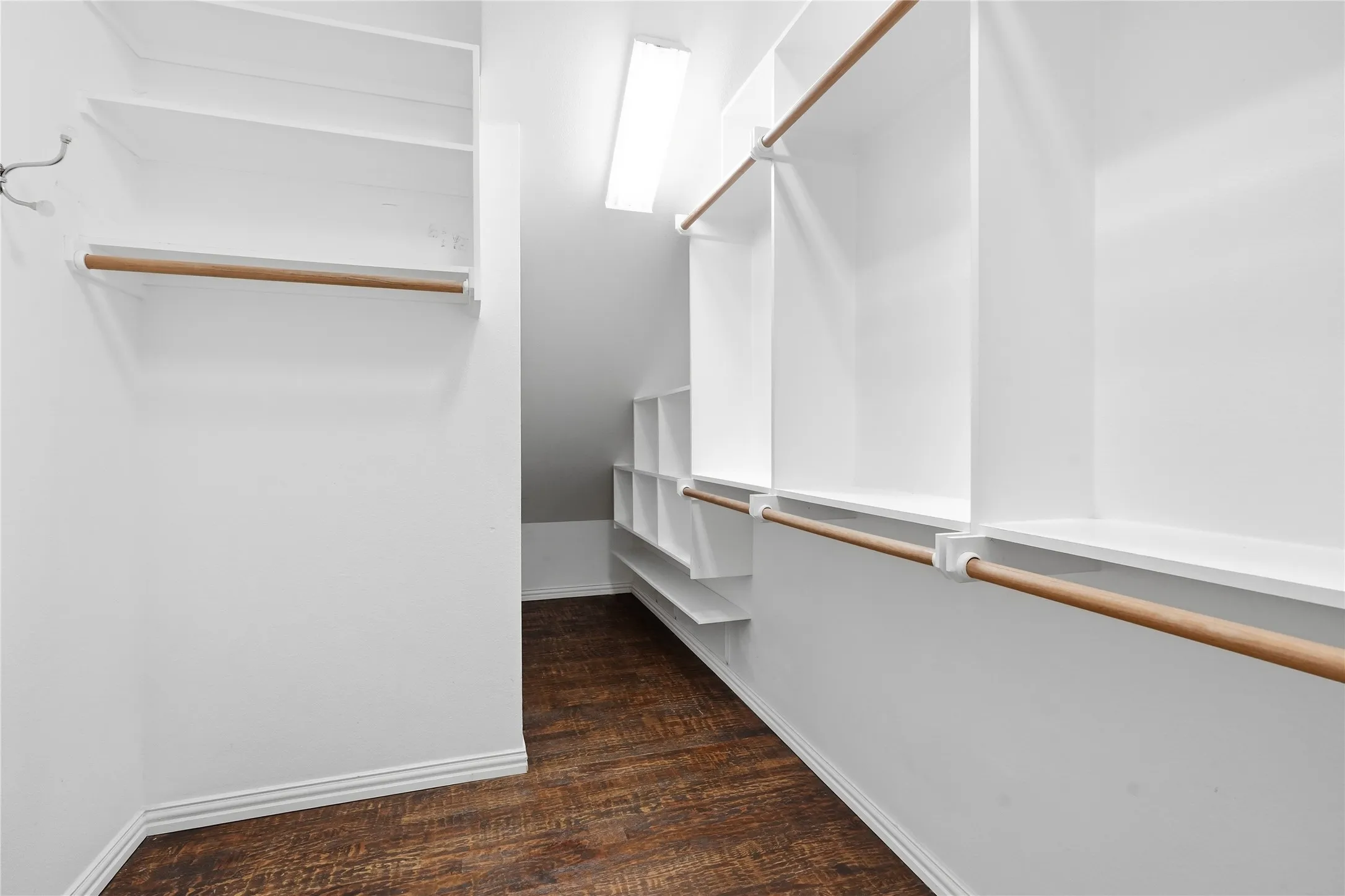 Walk-in closet featuring built-in shelving, hanging rods, wood-finish flooring, and a luminous ceiling fixture
