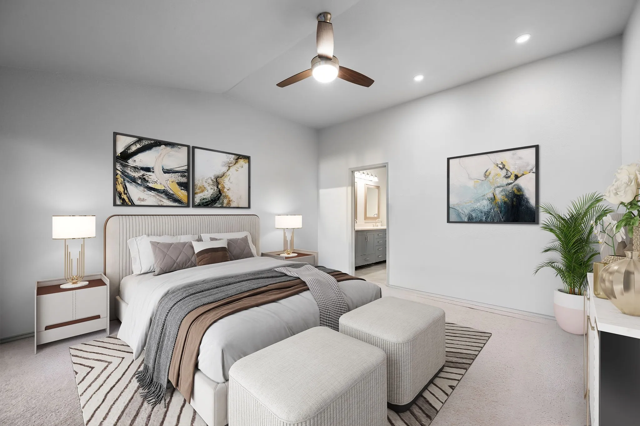 Virtually staged primary bedroom featuring a ceiling fan and recessed lighting