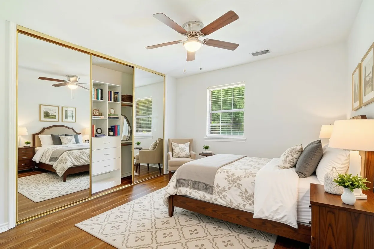 Wood-finish flooring, mirrored closet doors, a built-in closet organization system, a ceiling fan, and a double-paned window with blinds