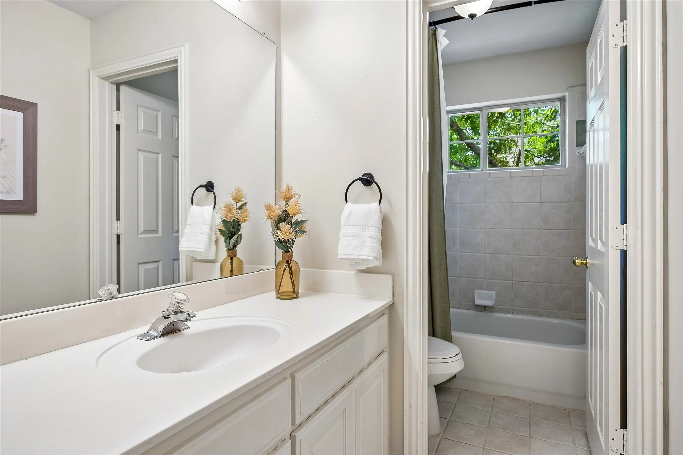 Lots of counter space in this bathroom. Door for privacy.