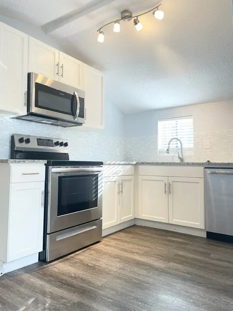 Kitchen featuring white cabinetry, stainless steel appliances, granite-style countertops, mosaic tile backsplash, and wood-finish flooring