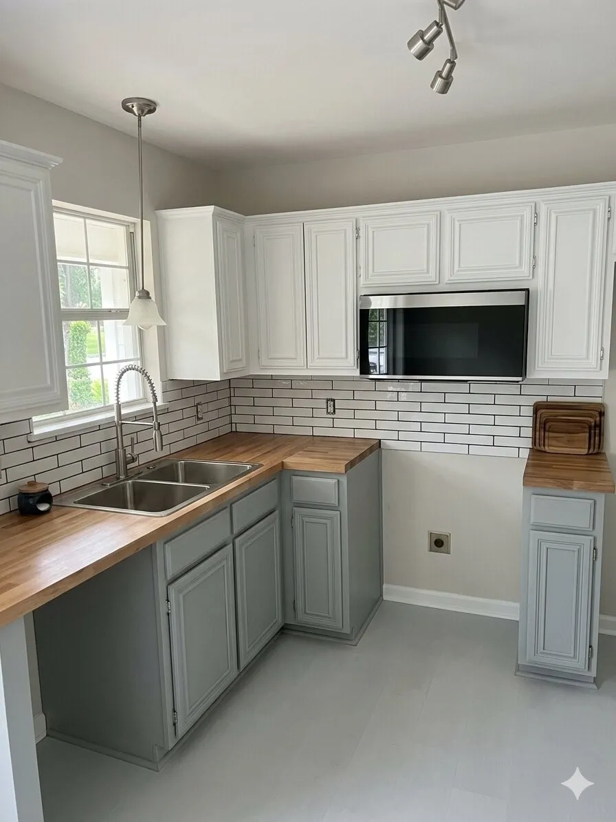 Kitchen featuring wood-finish countertops, white subway tile backsplash, and a stainless steel over-the-range microwave
