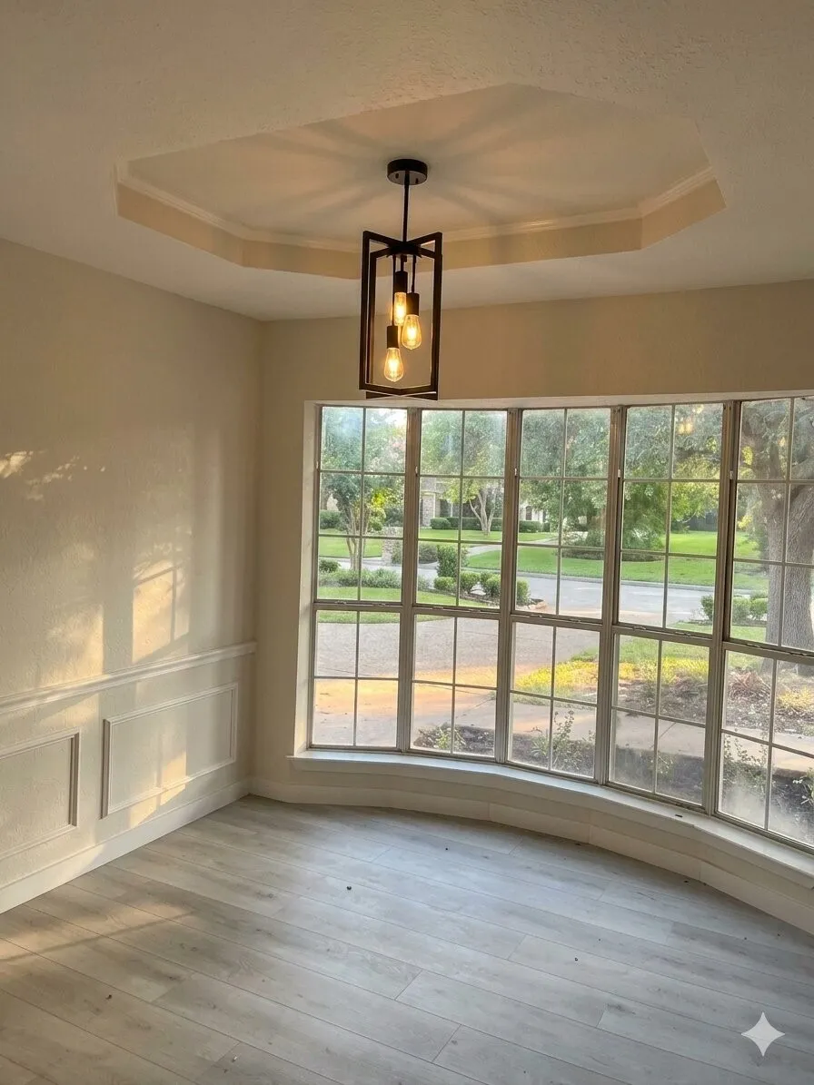 Recessed ceiling with a modern black-framed chandelier, large bay windows, light wood-finish flooring, and wainscoting