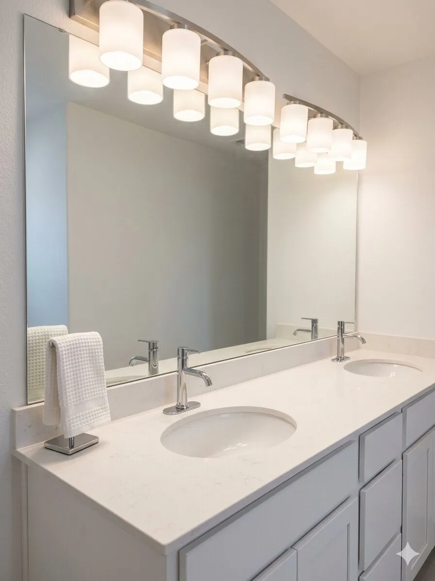 Bathroom vanity featuring a dual sink design, polished chrome faucets, and an expansive mirror