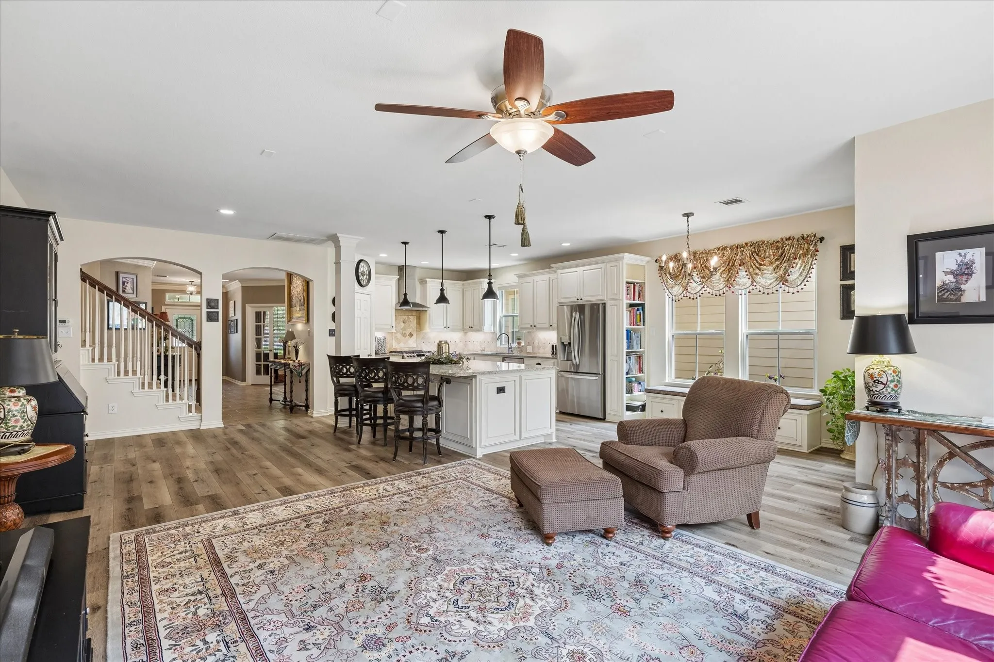 Open concept kitchen, living, dining.