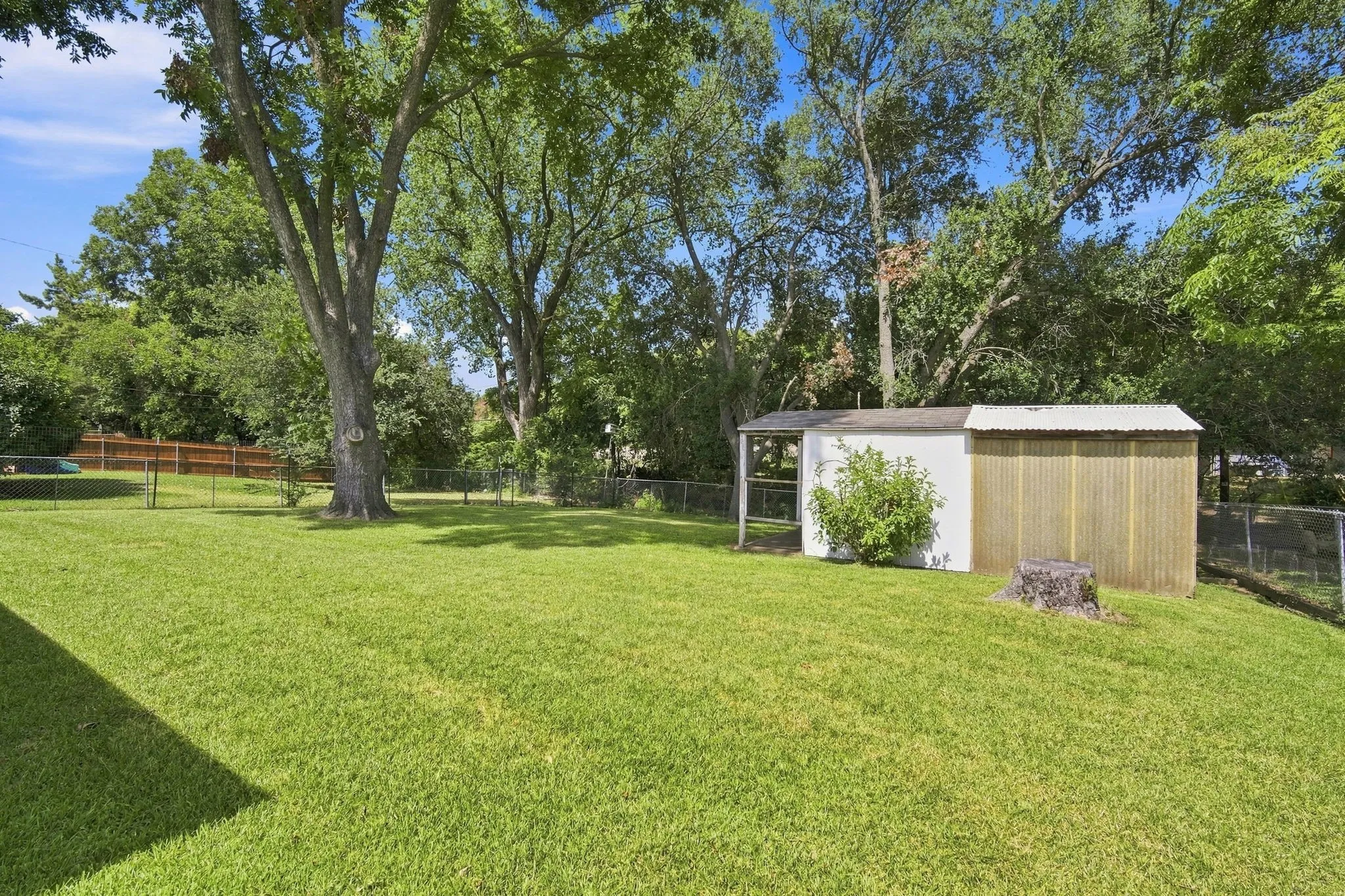 Expansive green lawn featuring mature trees, a storage shed with a lean-to, and perimeter fencing