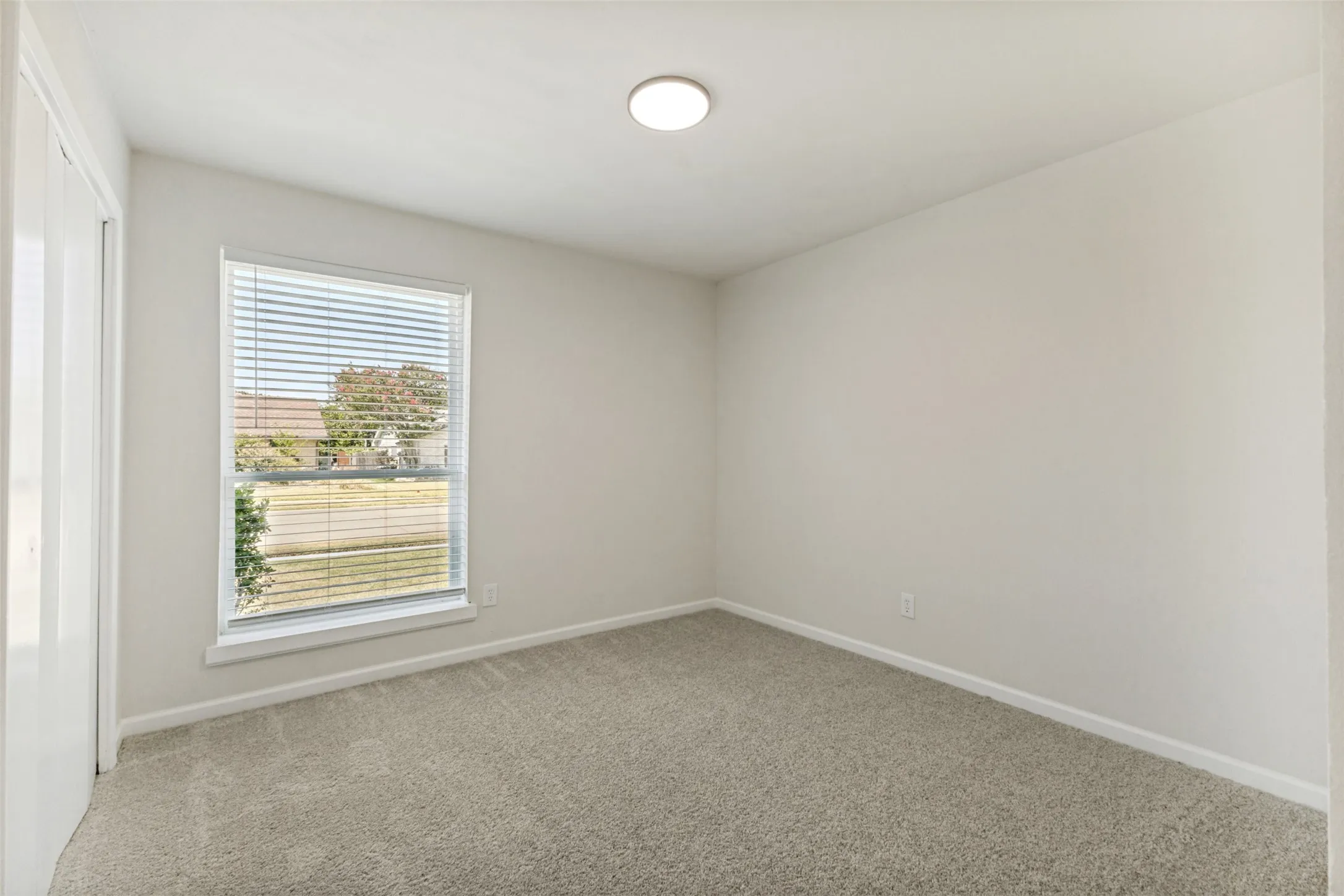 Room featuring a neutral color palette, plush carpet flooring, a window with blinds, and an overhead flush-mount light fixture