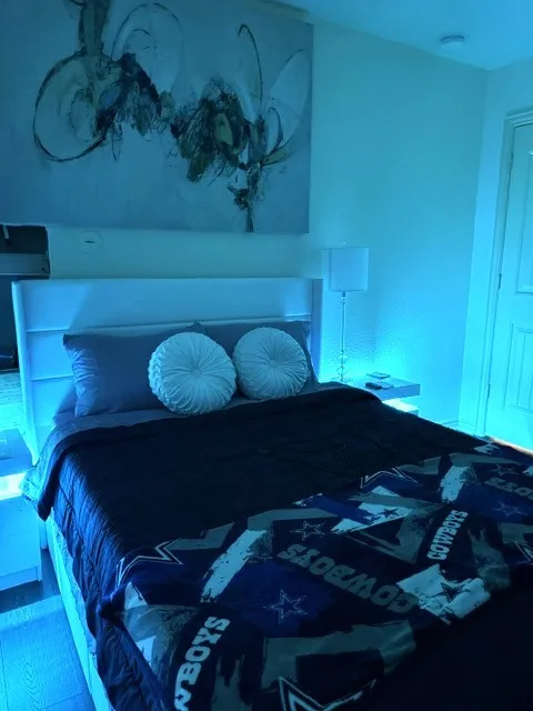 Bedroom with a white paneled headboard and built-in lighting