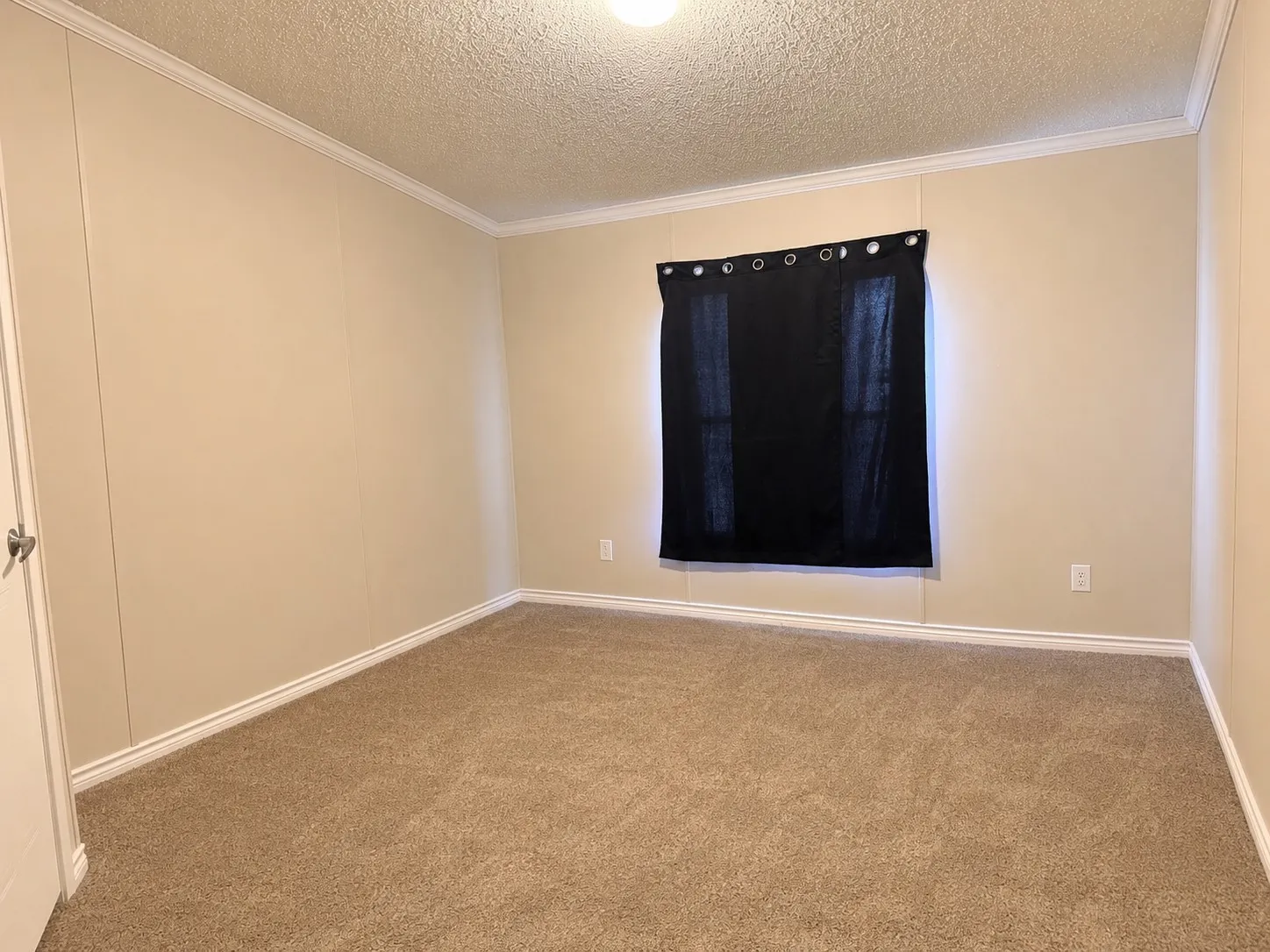 Interior room featuring a textured ceiling, neutral wall paneling, and brown carpeting