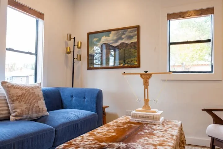 Living area with light-colored walls and windows with shade coverings