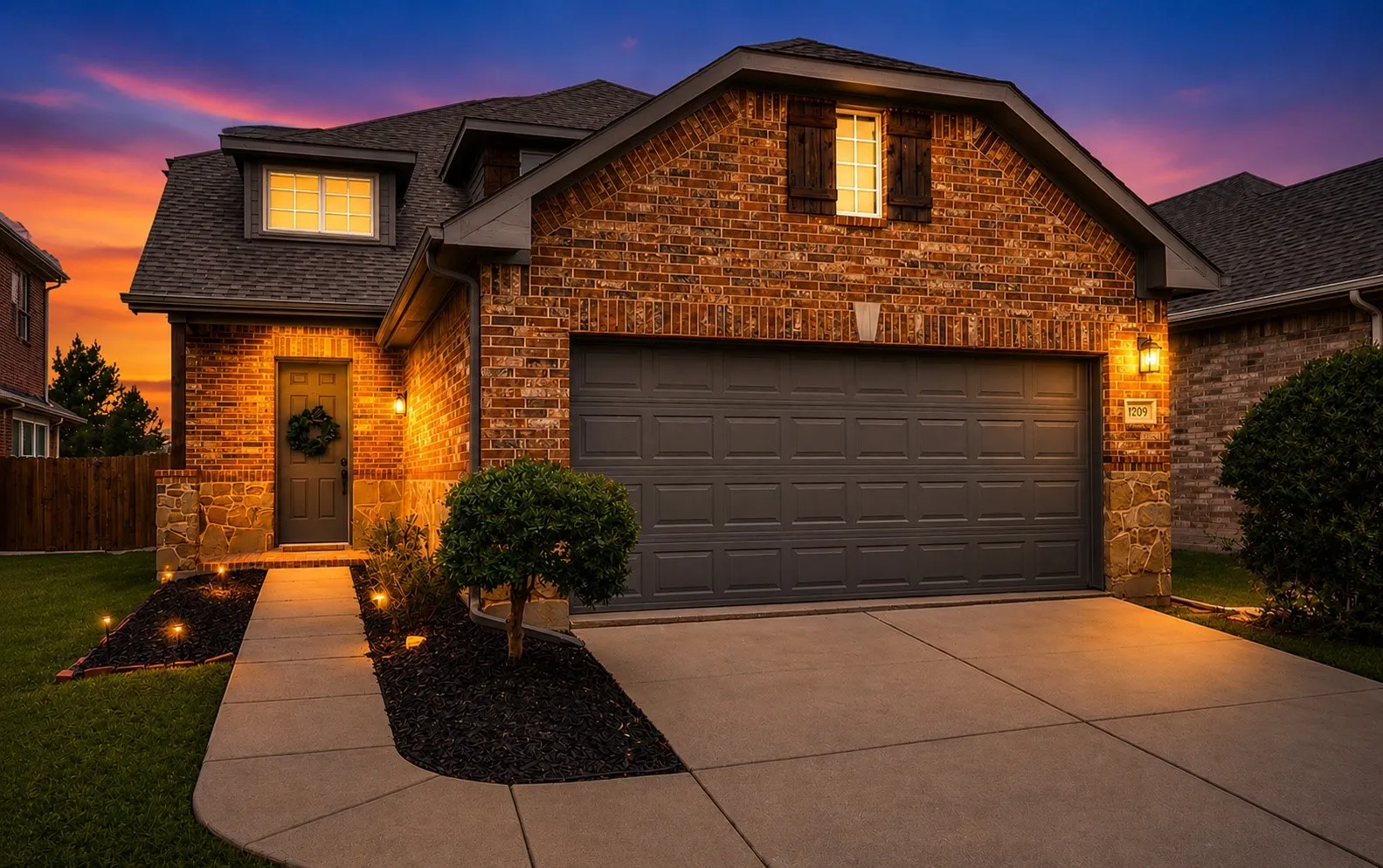Brick and stone facade featuring a two-car garage, dormer window with shutters, and a concrete driveway