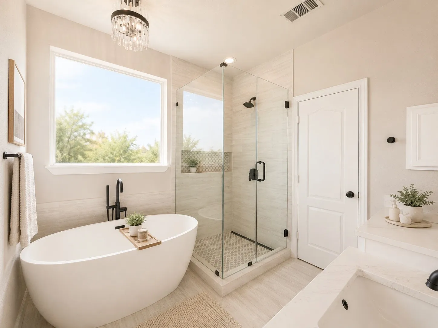 Freestanding oval soaking tub with matte black fixtures