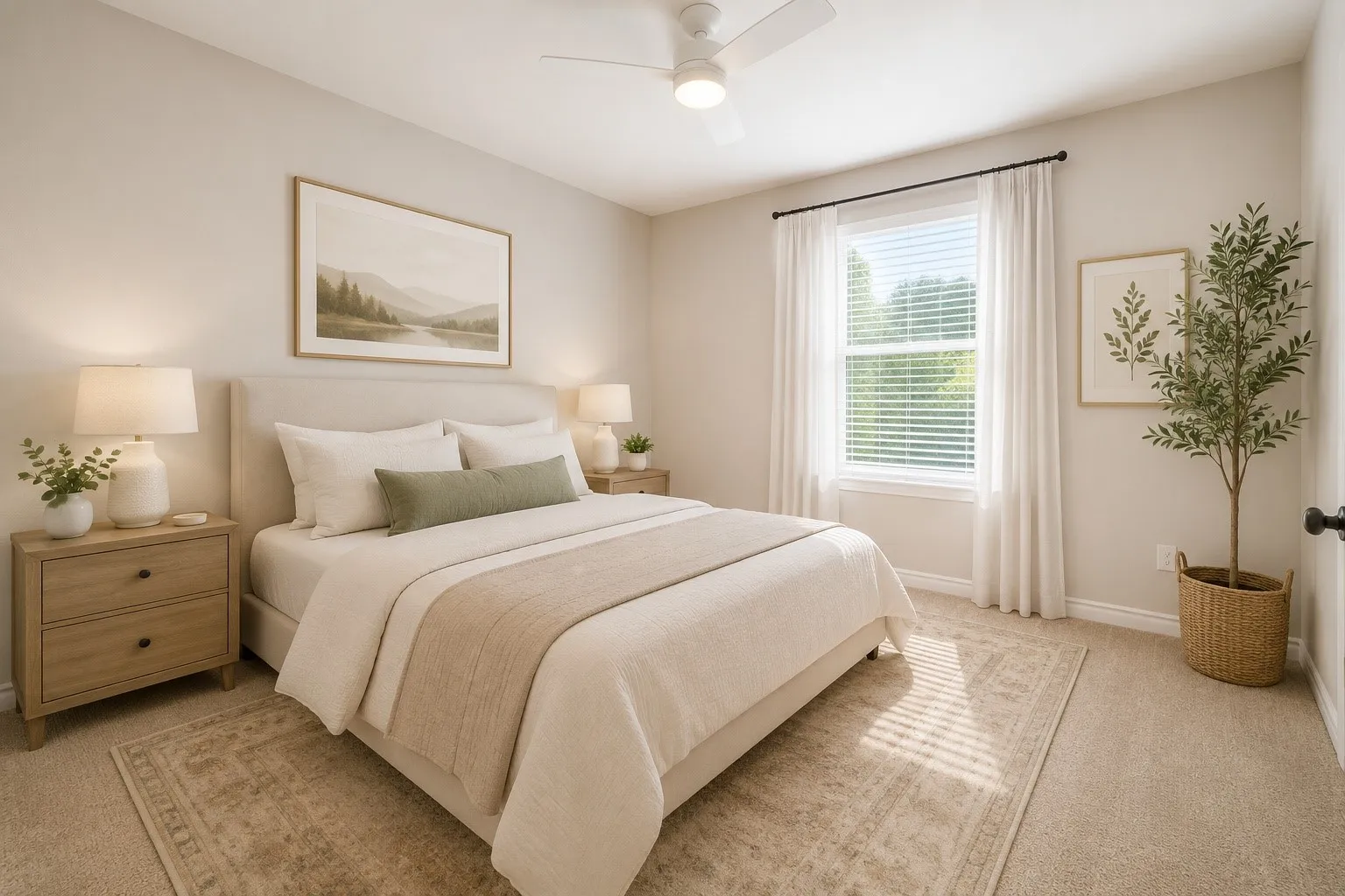 Neutral wall tones and plush carpet flooring create a serene atmosphere