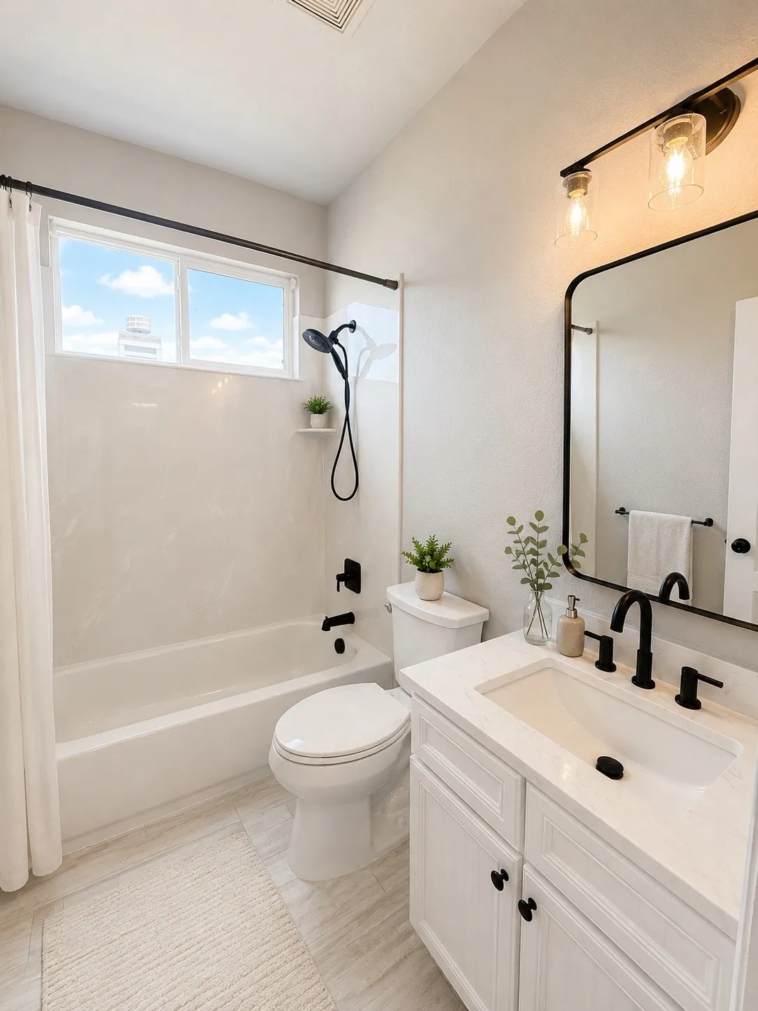 Modern bathroom featuring a white vanity with integrated sink, matte black fixtures, and a framed mirror