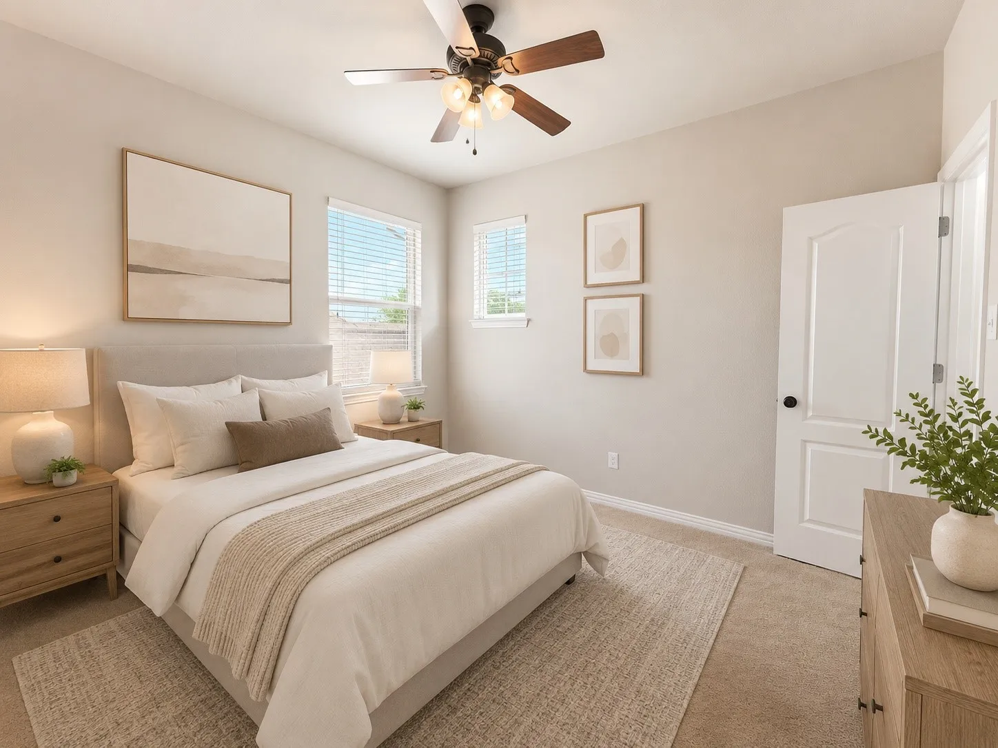 Bedroom featuring carpeting, light-toned wall paint, and a ceiling fan with integrated lighting