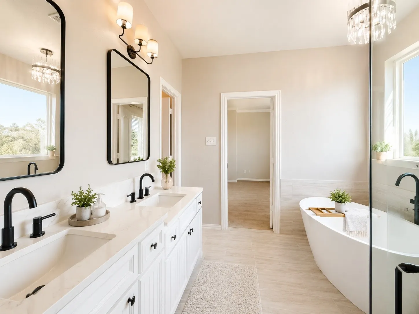 Dual vanity with white cabinetry, matte black fixtures, and framed mirrors