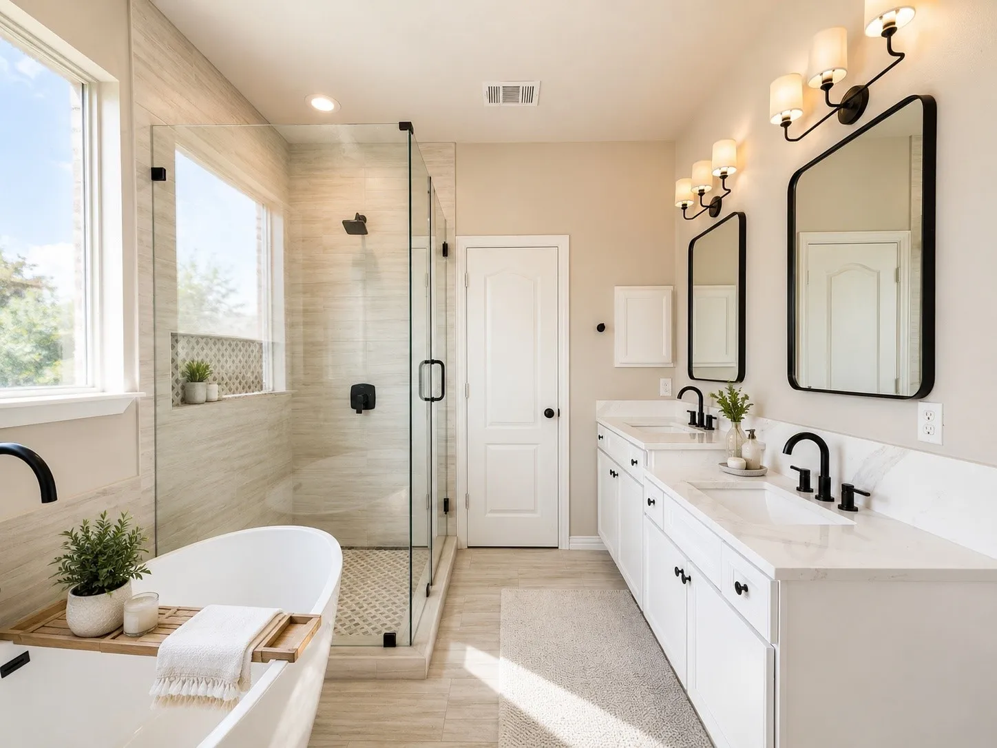 Spacious bathroom featuring a frameless glass shower enclosure, a separate freestanding soaking tub, and a dual vanity with undermount sinks