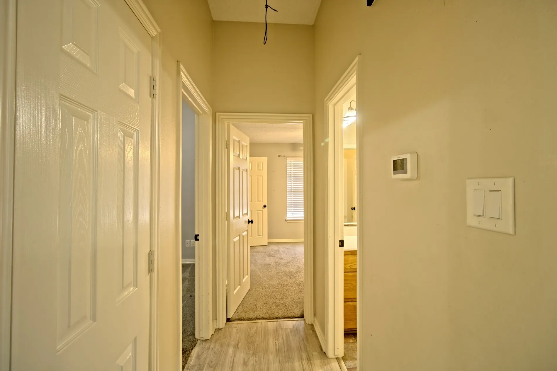 Interior hallway with light wood-finish flooring, neutral wall paint, and white trim