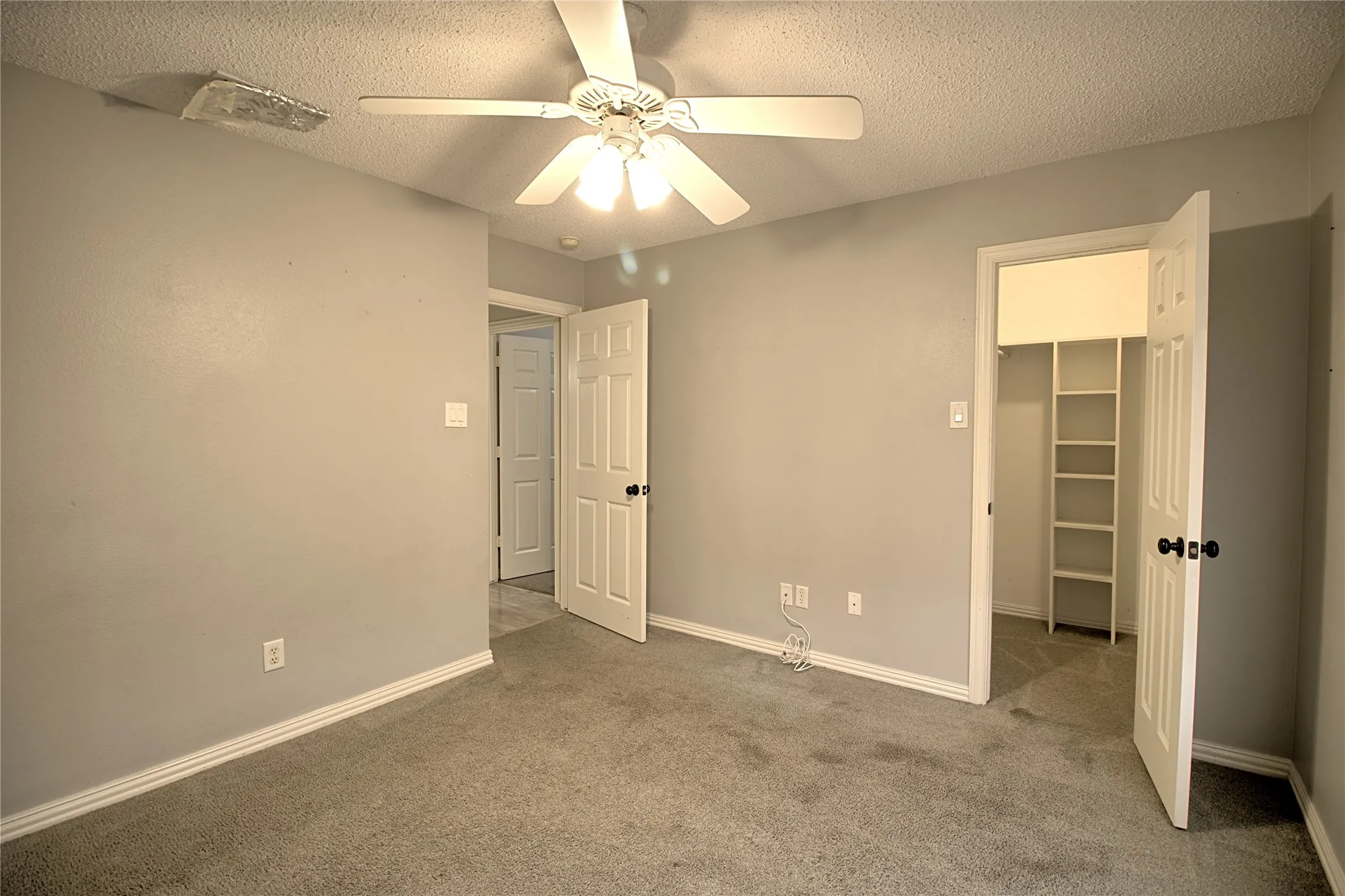 Neutral-toned room with light gray walls and plush gray carpeting