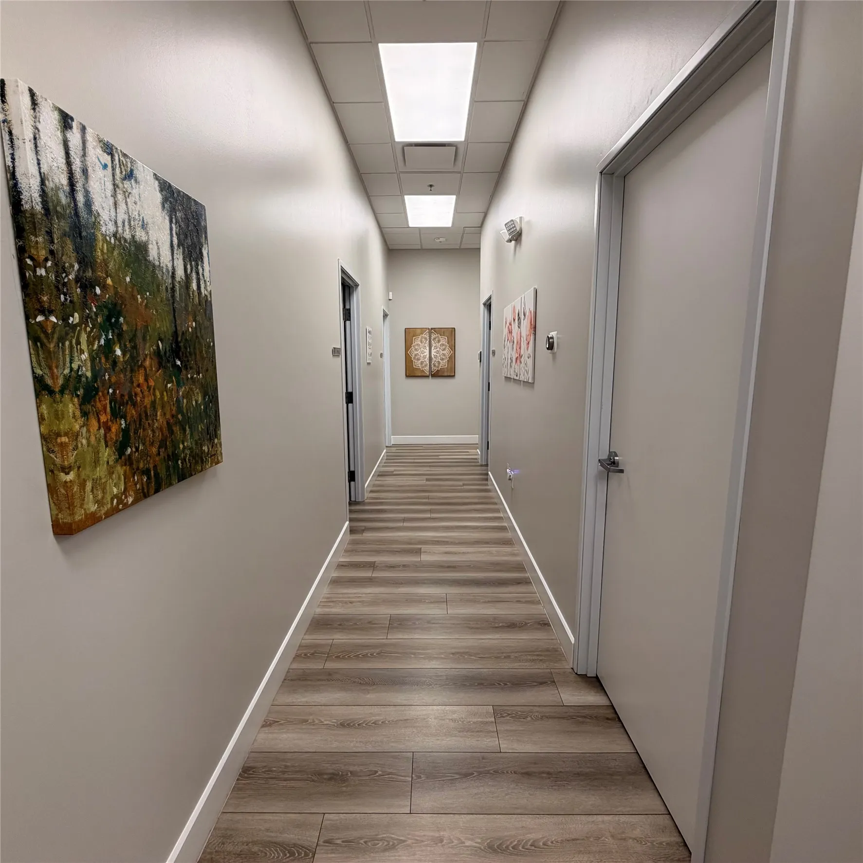 Hallway featuring wood-finish flooring, recessed lighting, and a drop ceiling