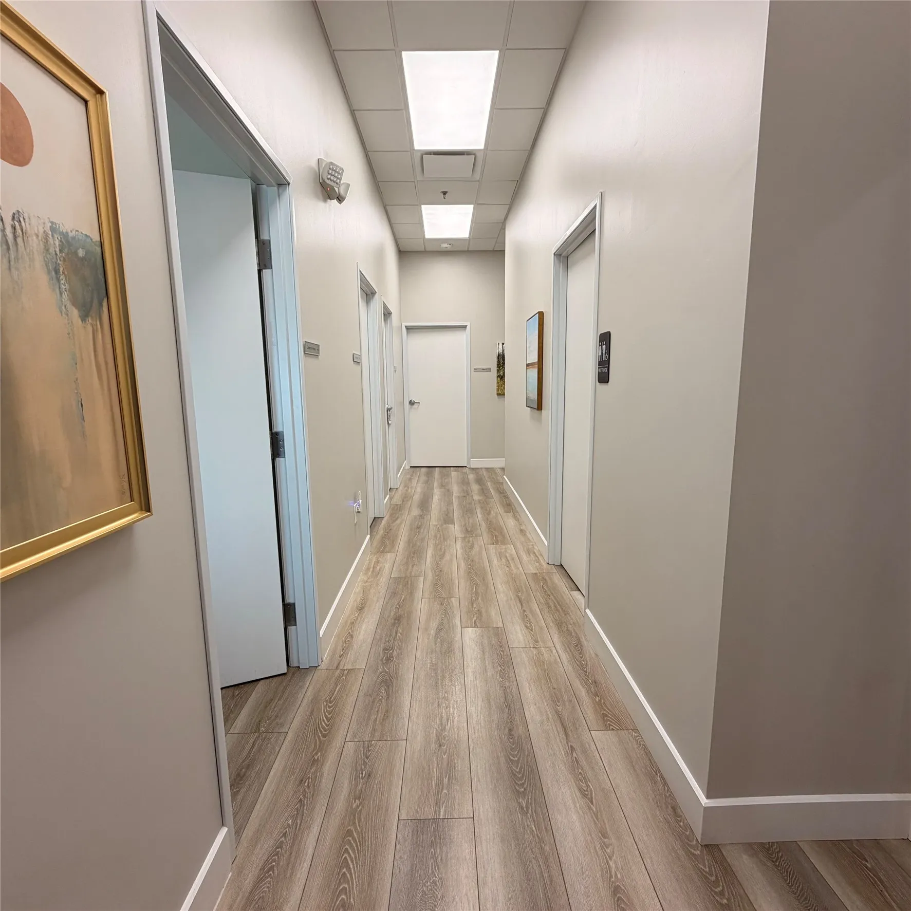 Hallway featuring wood-finish flooring, light gray walls, white trim, and multiple doorways