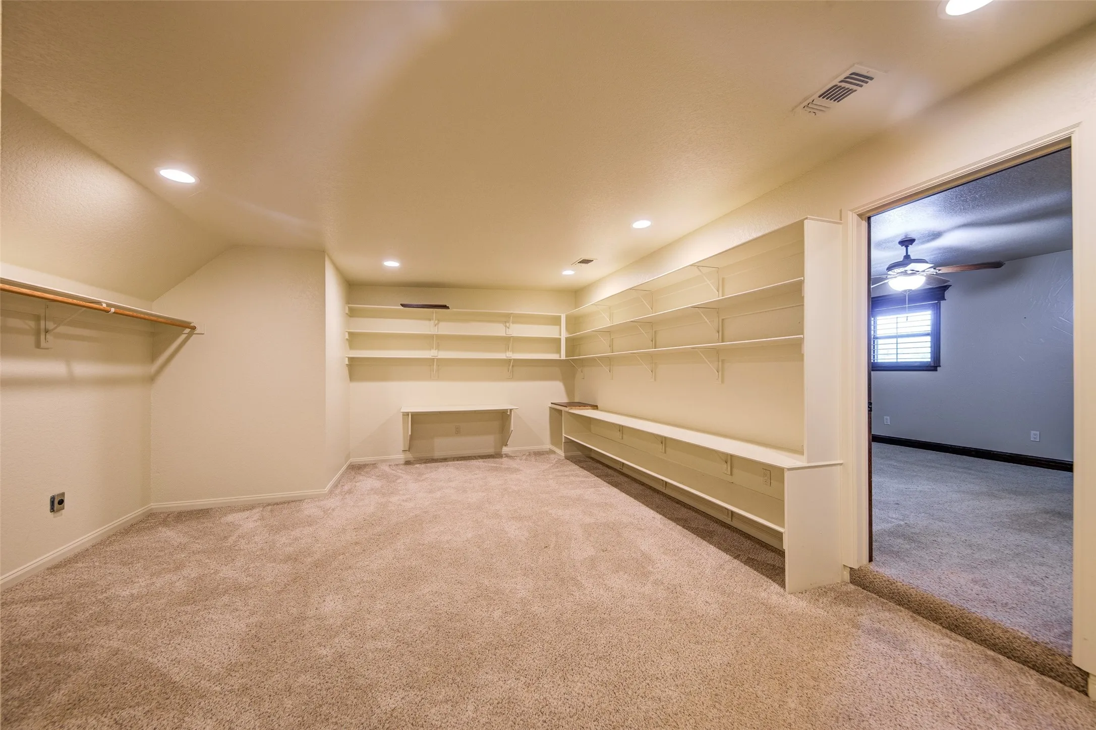 Carpeted bonus room with recessed lighting and extensive built-in shelving