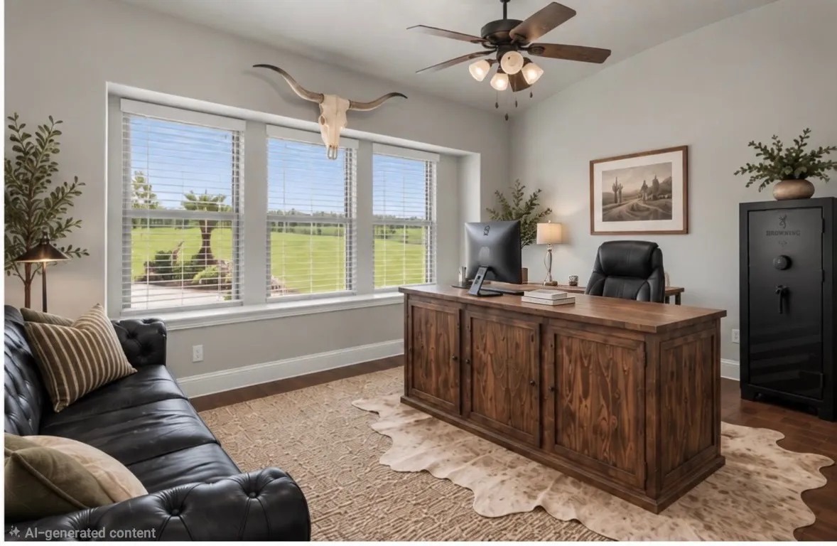 Second living area used as a large office at 413 Cattle Barron Drive, Rockwall, Tx, Rockwall County, Chisholm Crossing. Virtual staging utilized.
