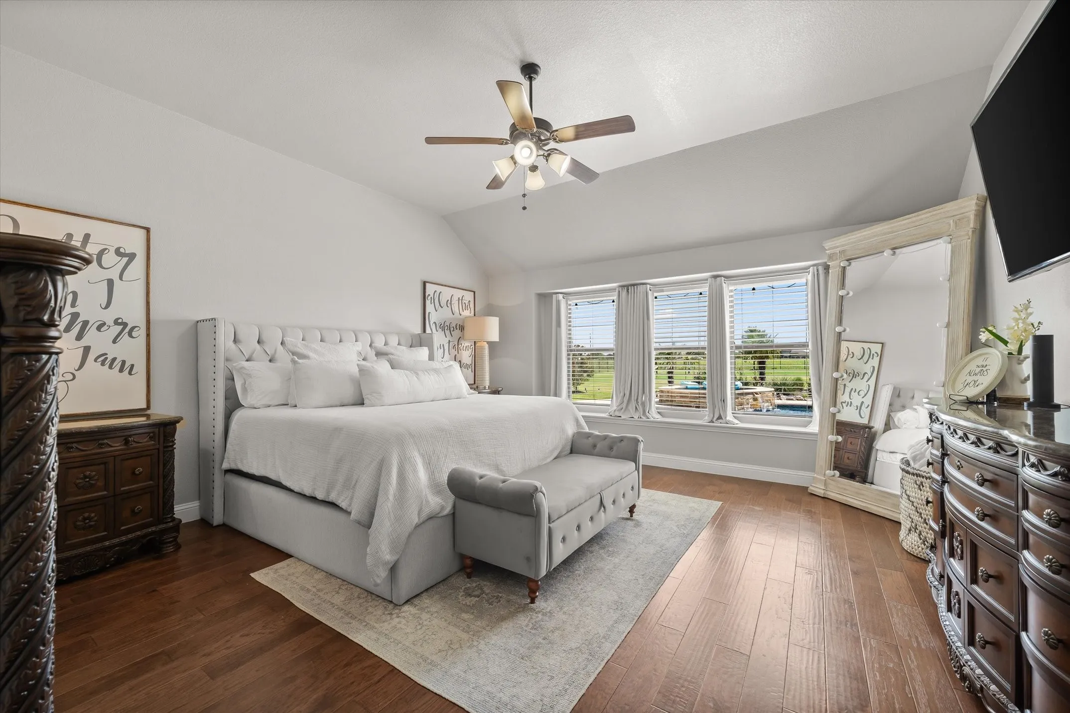 Primary bedroom over looking the heated saltwater pool at 413 Cattle Barron Drive, Rockwall, Tx, Rockwall County, Chisholm Crossing