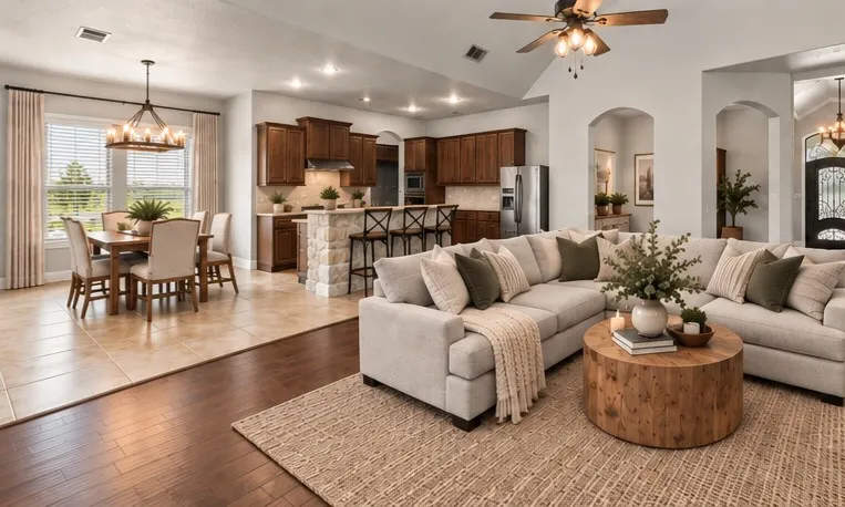 Living Room, eat in dining and formal dining room off of the kitchen at 413 Cattle Barron Drive, Rockwall, Tx, Rockwall County, Chisholm Crossing. Virtual staging utilized.