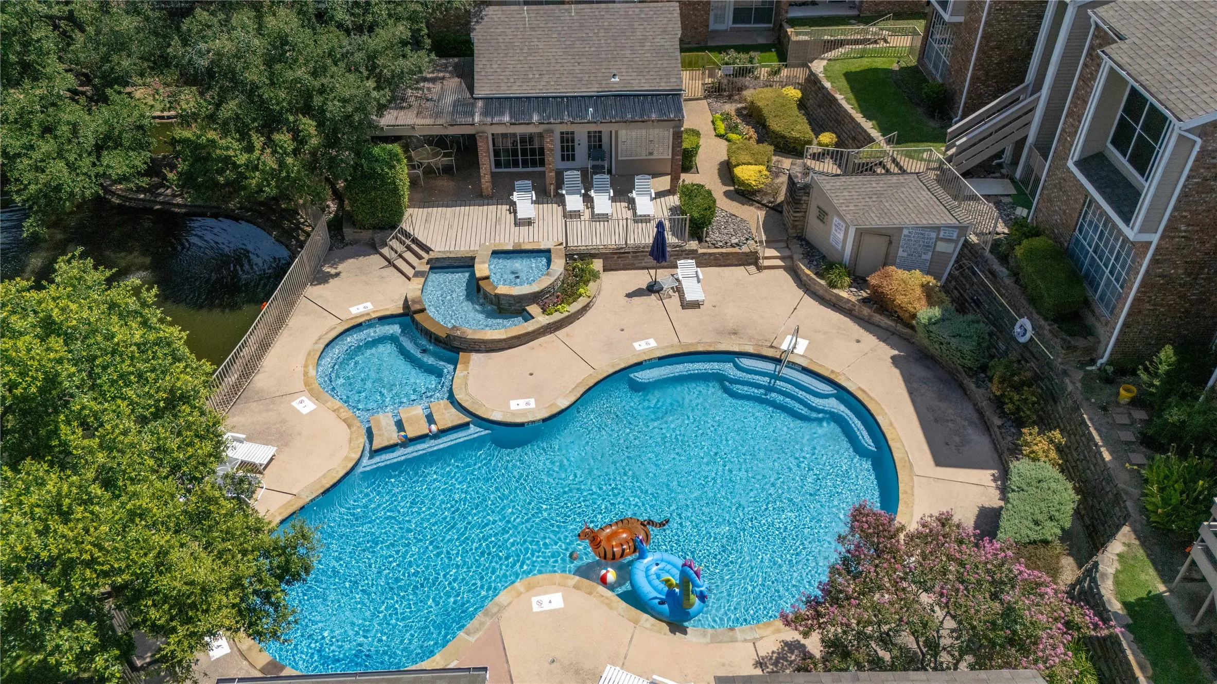 Multi-level swimming pool with integrated spa, surrounded by a concrete deck and lush landscaping
