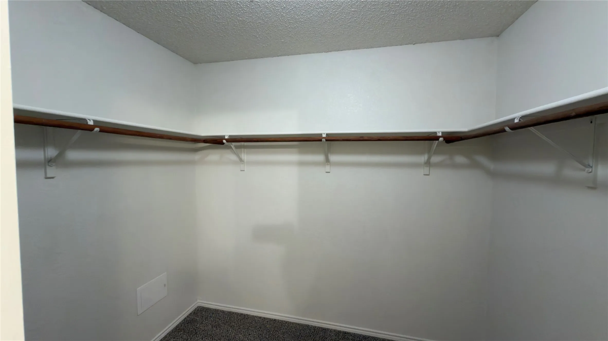 Walk-in closet featuring white walls, textured ceilings, a carpeted floor, and built-in wood-finish shelving with hanging rods
